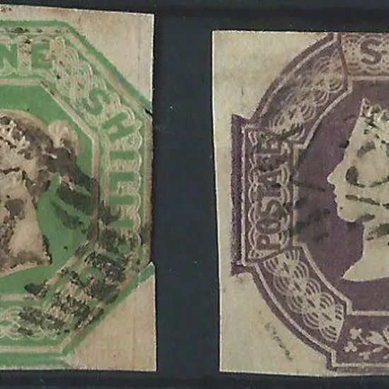 1847/54 1/- green & 6d purple embossed QV fine ...