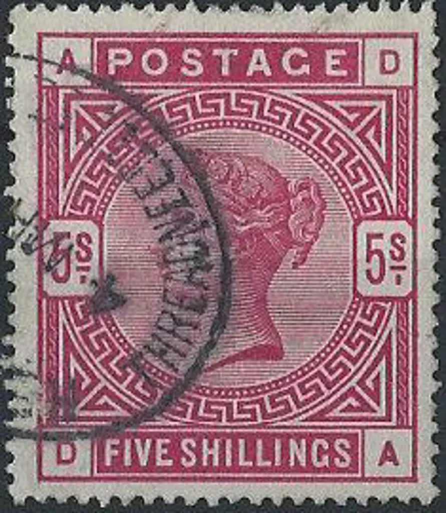 1883 5/- crimson F/U by half a Threadneedle St Reg ... Image 1++