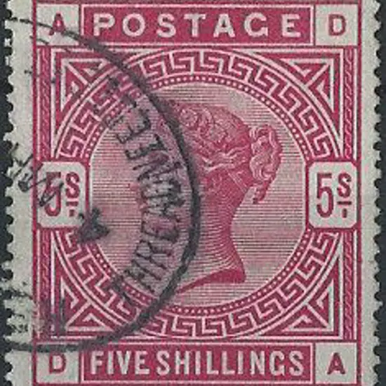 1883 5/- crimson F/U by half a Threadneedle St Reg ...