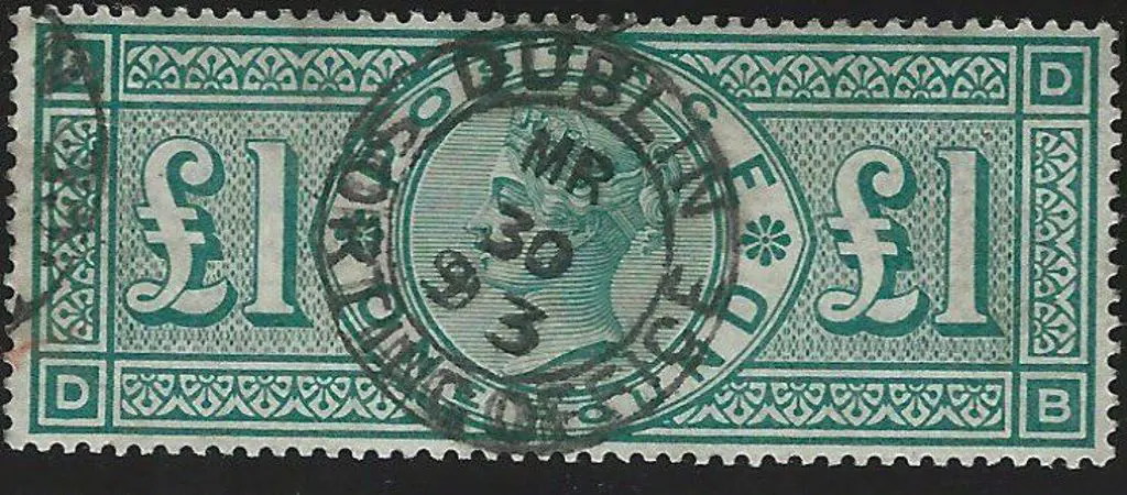 1891 £1 green QV F/U with central Dublin Sorting ... Image 1++