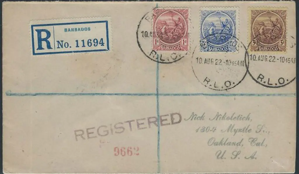 Barbados 1922 (10th Aug) Regd cover to USA bearing ... Image 1++