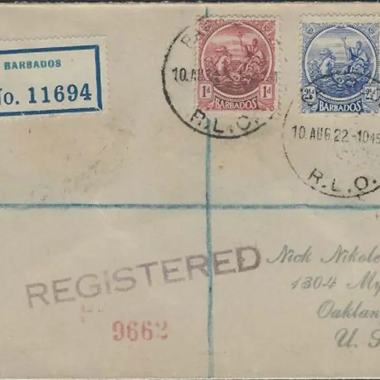 Barbados 1922 (10th Aug) Regd cover to USA bearing ...