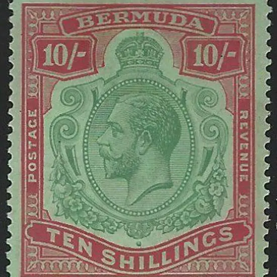 Bermuda 1924 10/- green & red on pale emerald KGV. ...