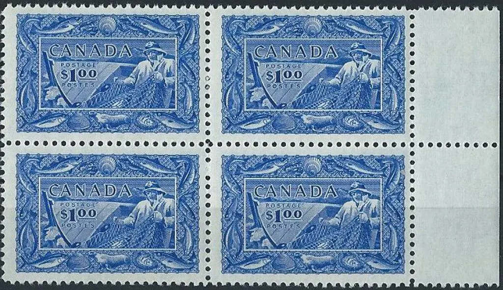 Canada 1951 $1 Fishing marginal block of 4. Fresh ... Image 1++