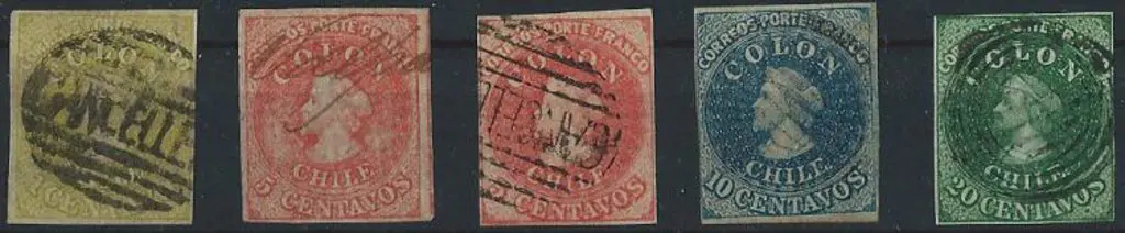 Chile 1853 Columbus imperfs with 1¢ heavily ... Image 1++