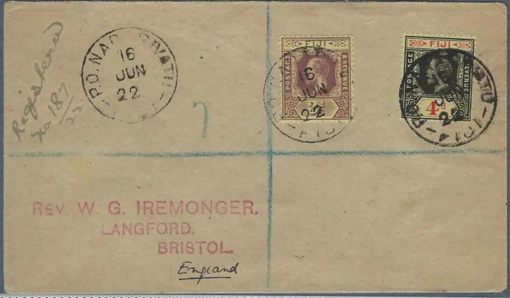 Fiji 1922 (16th Jun) Registered cover to England ... Image 1++