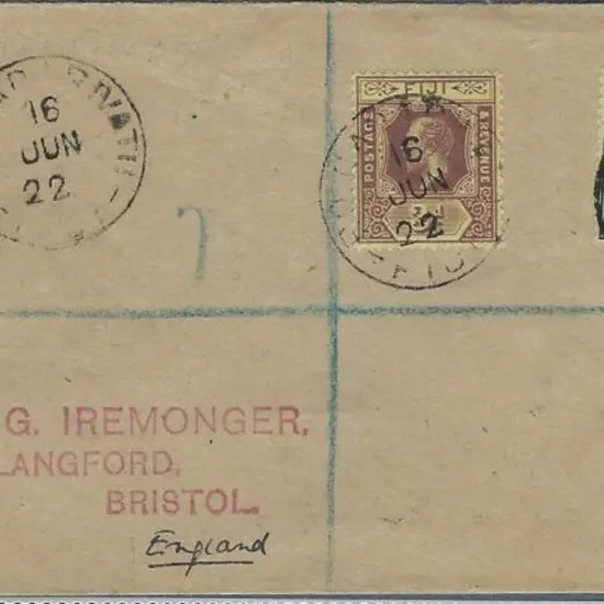 Fiji 1922 (16th Jun) Registered cover to England ...