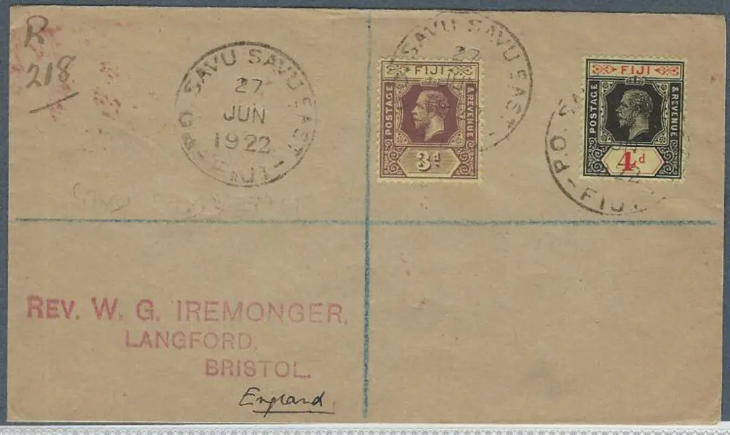 Fiji 1922 (27th Jun) Registered cover to England ... Image 1++