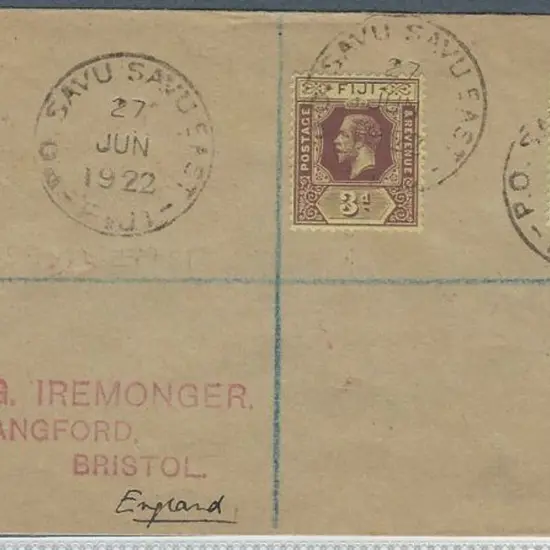 Fiji 1922 (27th Jun) Registered cover to England ...