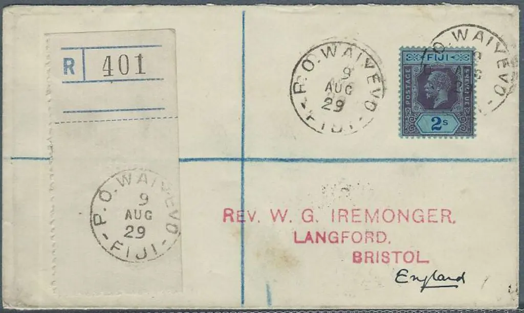 Fiji 1929 (9th Aug) Registered cover to England ... Image 1++