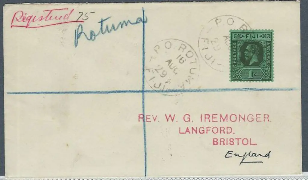 Fiji 1929 (16th Aug) Registered cover to England ... Image 1++