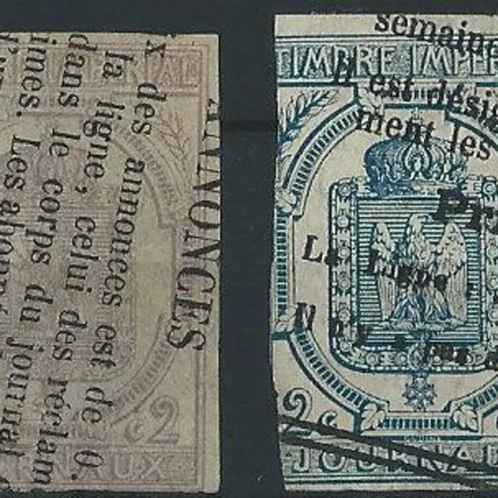 France 1868 2¢ lilac & 2¢ blue Newspaper imperfs ...