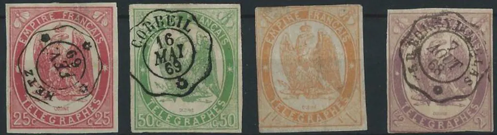 France 1868 Telegraph imperfs x 4 with the 1f MLH ... Image 1++
