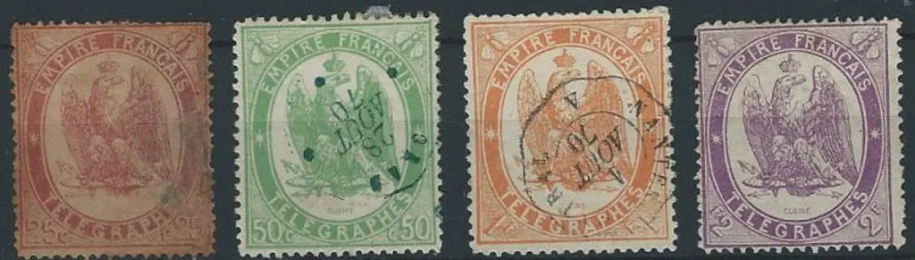 France 1868 Telegraph perfd set of 4. 25¢ stained. ... Image 1++