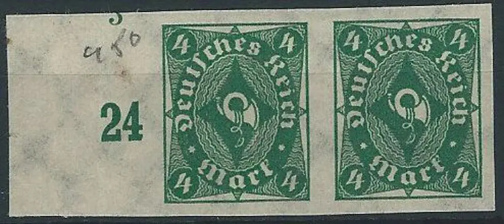 Germany 1922/23 4mk deep green, mesh wmk imperf ... Image 1++