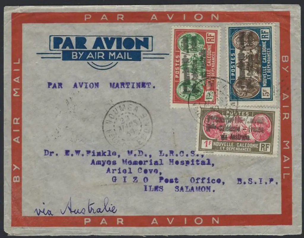 New Caledonia 1939 Airmail cover to Gizo, Solomon ... Image 1++