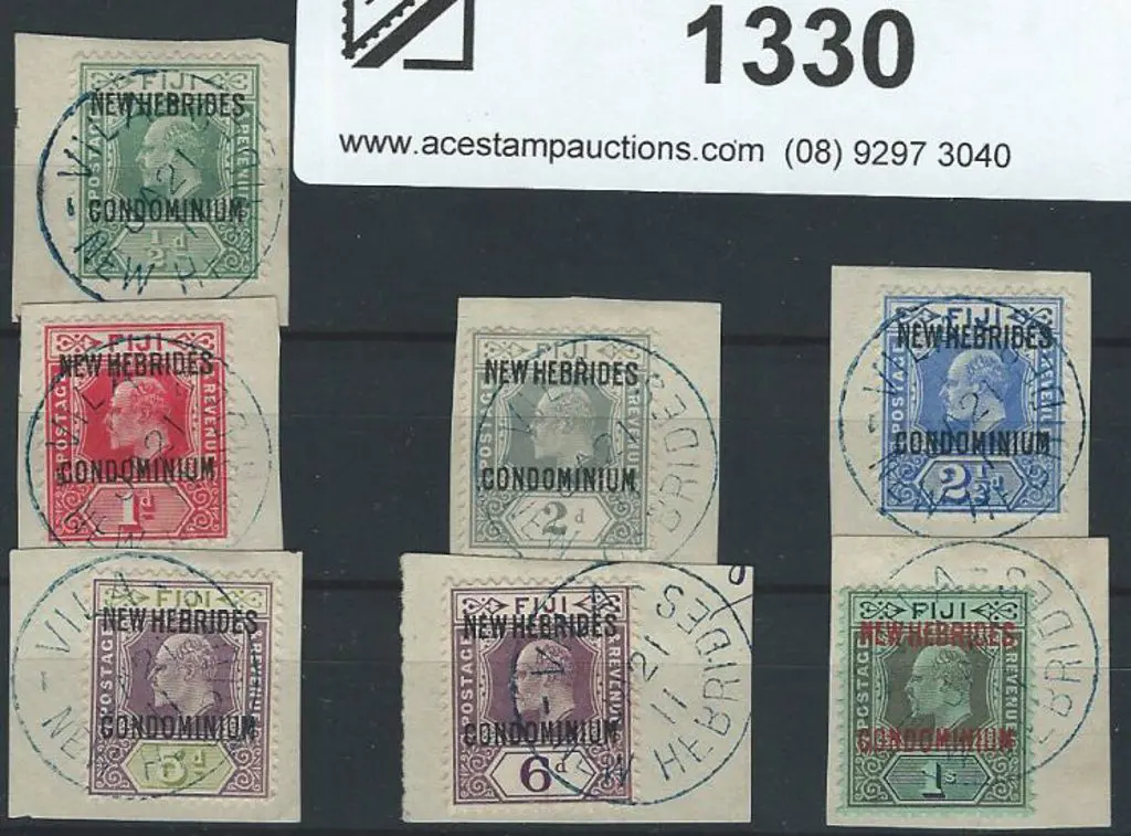 New Hebrides 1910 ovpts to 1/- on pieces with full ... Image 1++