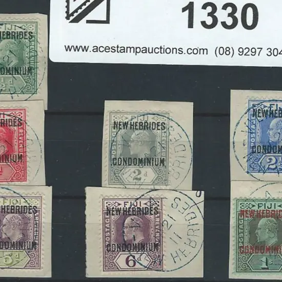 New Hebrides 1910 ovpts to 1/- on pieces with full ...