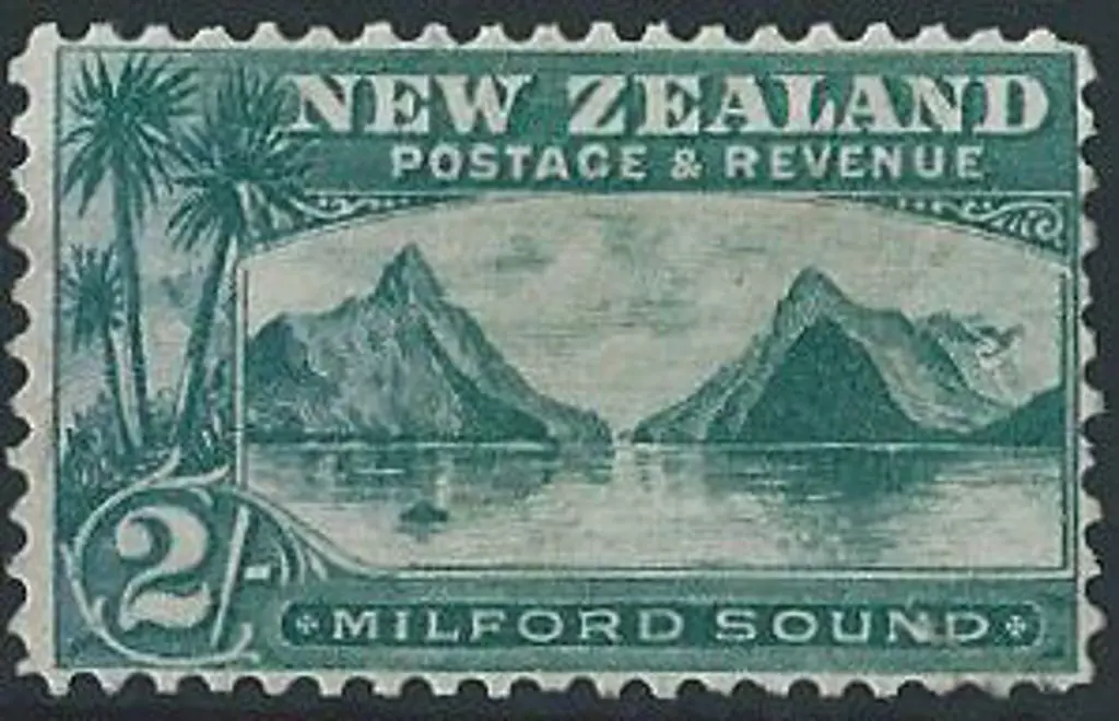 New Zealand 1903 2/- blue-green Milford Sound. ... Image 1++
