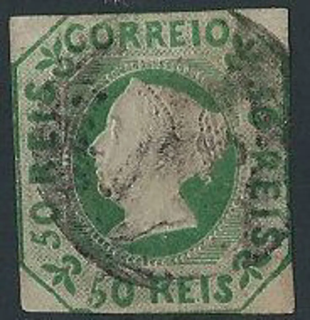 Portugal 1853 50r yellow green good used. Margins ... Image 1++