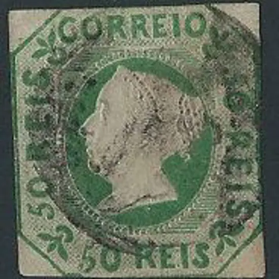 Portugal 1853 50r yellow green good used. Margins ...