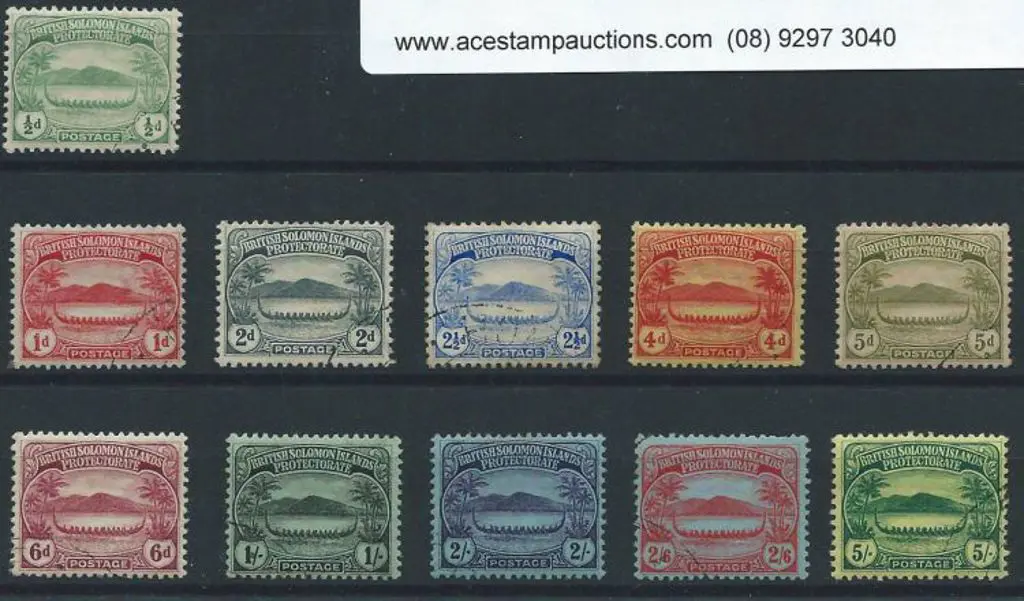 Solomon Islands 1908 "Small Canoes" CTO set of 11. ... Image 1++