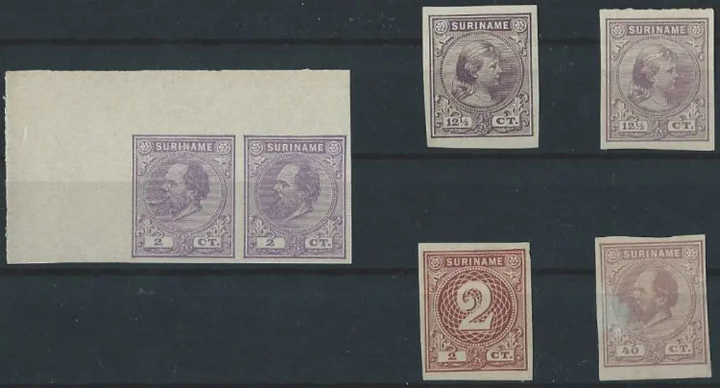 Suriname 1873 2¢ violet marginal pair, 40¢ lilac ... Image 1++