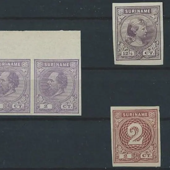 Suriname 1873 2¢ violet marginal pair, 40¢ lilac ...