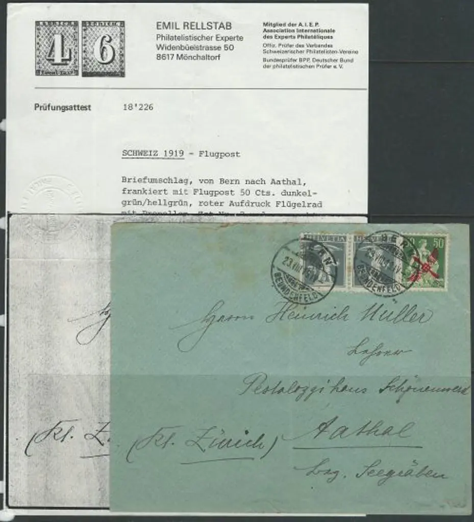 Switzerland 1919 Bern-Zurich cover by air with 50¢ ... Image 1++