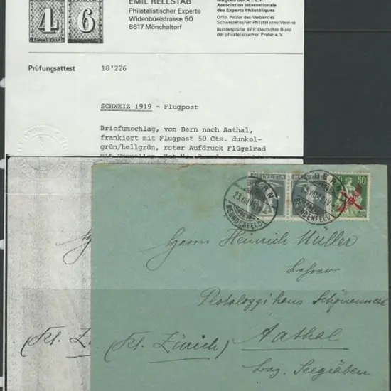 Switzerland 1919 Bern-Zurich cover by air with 50¢ ...