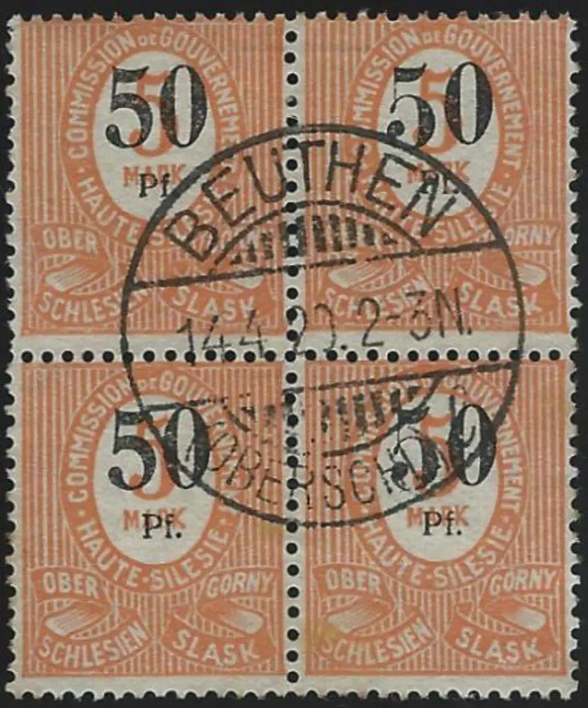 Upper Silesia 1920 50pf on 5m block of 4 with neat ... Image 1++