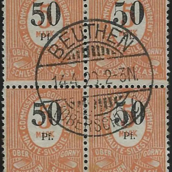 Upper Silesia 1920 50pf on 5m block of 4 with neat ...