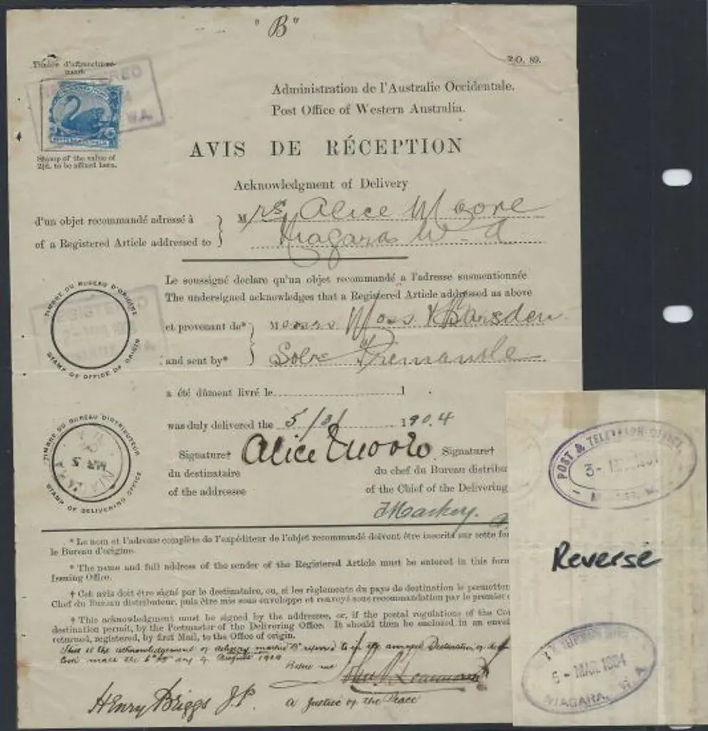 1904 (2nd Mar) AR form bearing 2½d swan tied by ... Image 1++