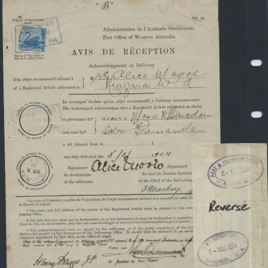 1904 (2nd Mar) AR form bearing 2½d swan tied by ...