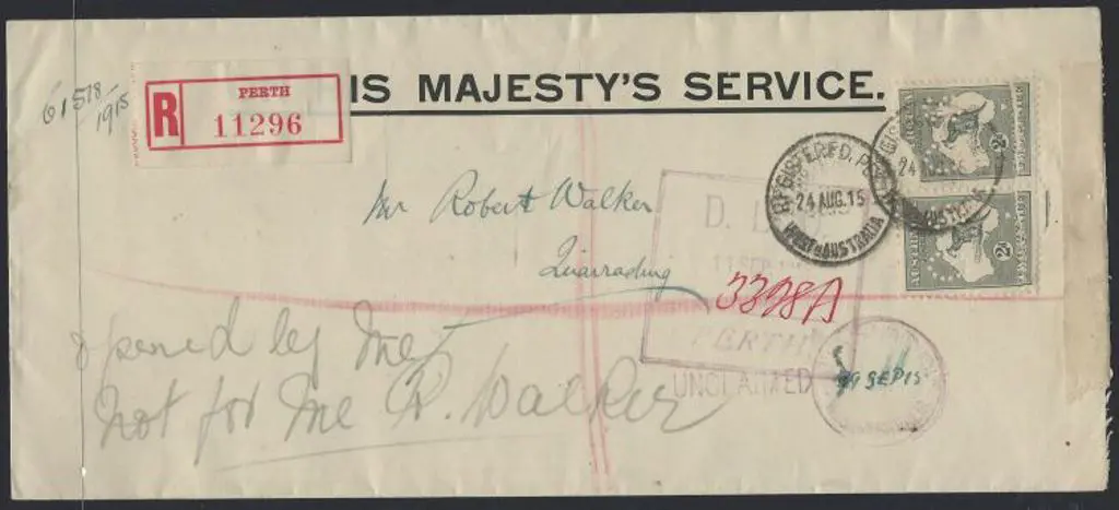1915 (24th Aug) OHMS Reg cover with 2 x 2d "OS" ... Image 1++