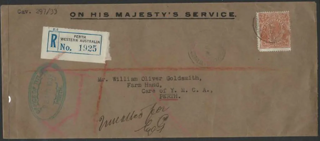 1933 (22nd Apr) 5d KGV perfined OS tied to OHMS ... Image 1++