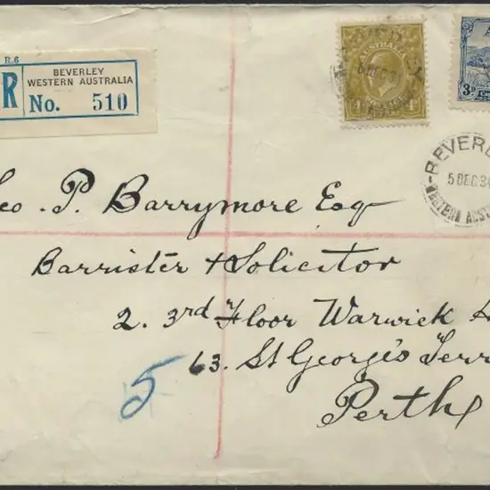 1934 (5th Dec) Beverley to Perth registered cover ...