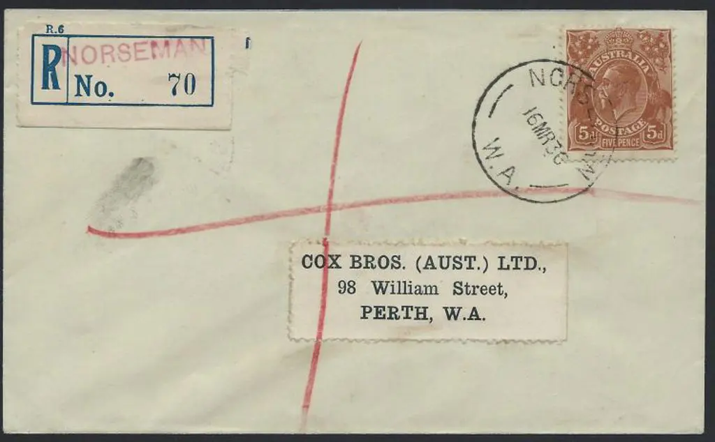 1936 (16th Mar) 5d KGV on Perth addressed cover ... Image 1++