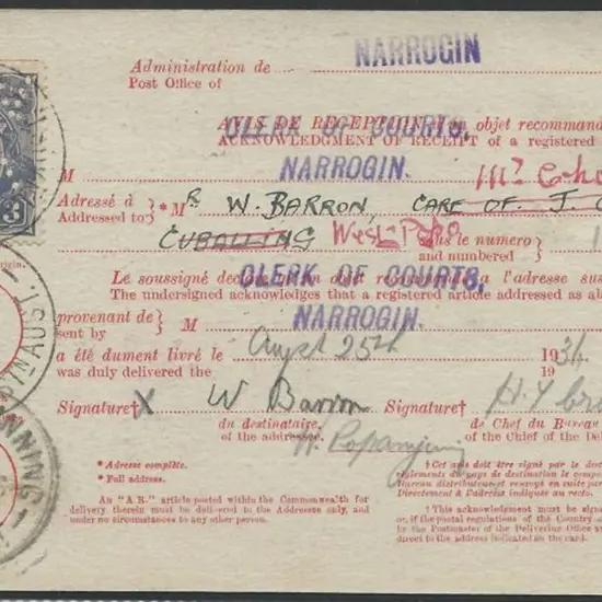 Popanyinning B29 cds dated 29 AU 36 on ADR card ...