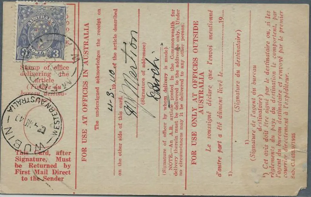Wubin A27 dated 4 MR 40 on ADR card with "Clerk of ... Image 1++