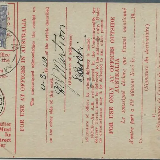 Wubin A27 dated 4 MR 40 on ADR card with "Clerk of ...
