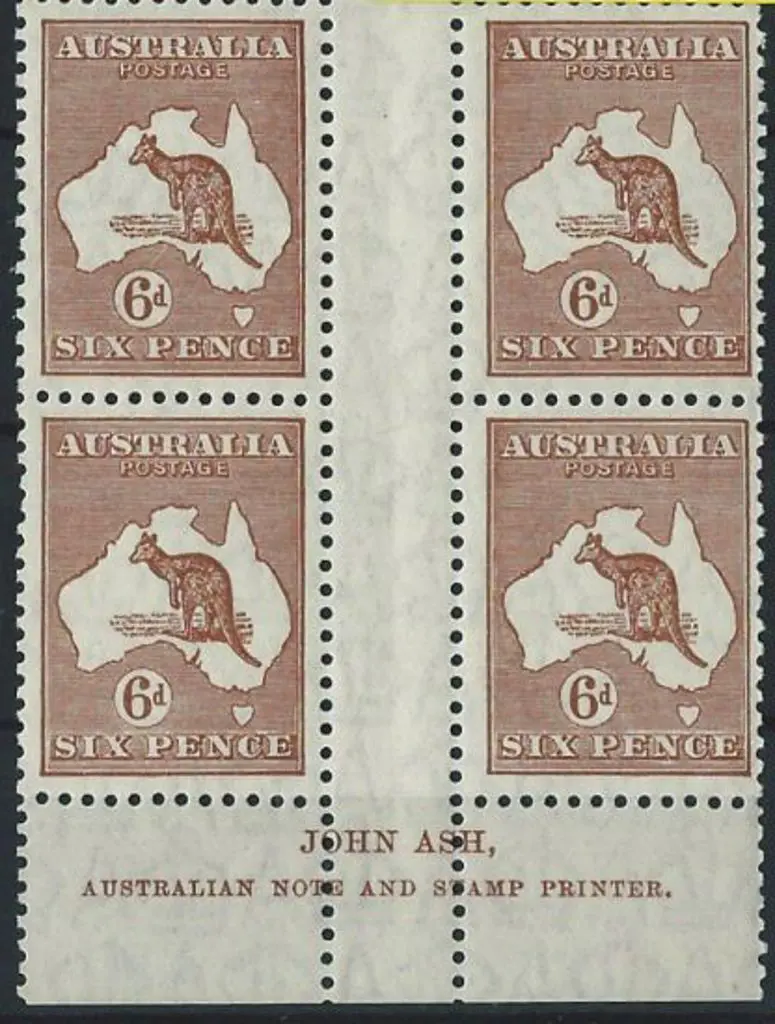 1923-30 Smult 6d chestnut Ash imprint gutter block ... Image 1++