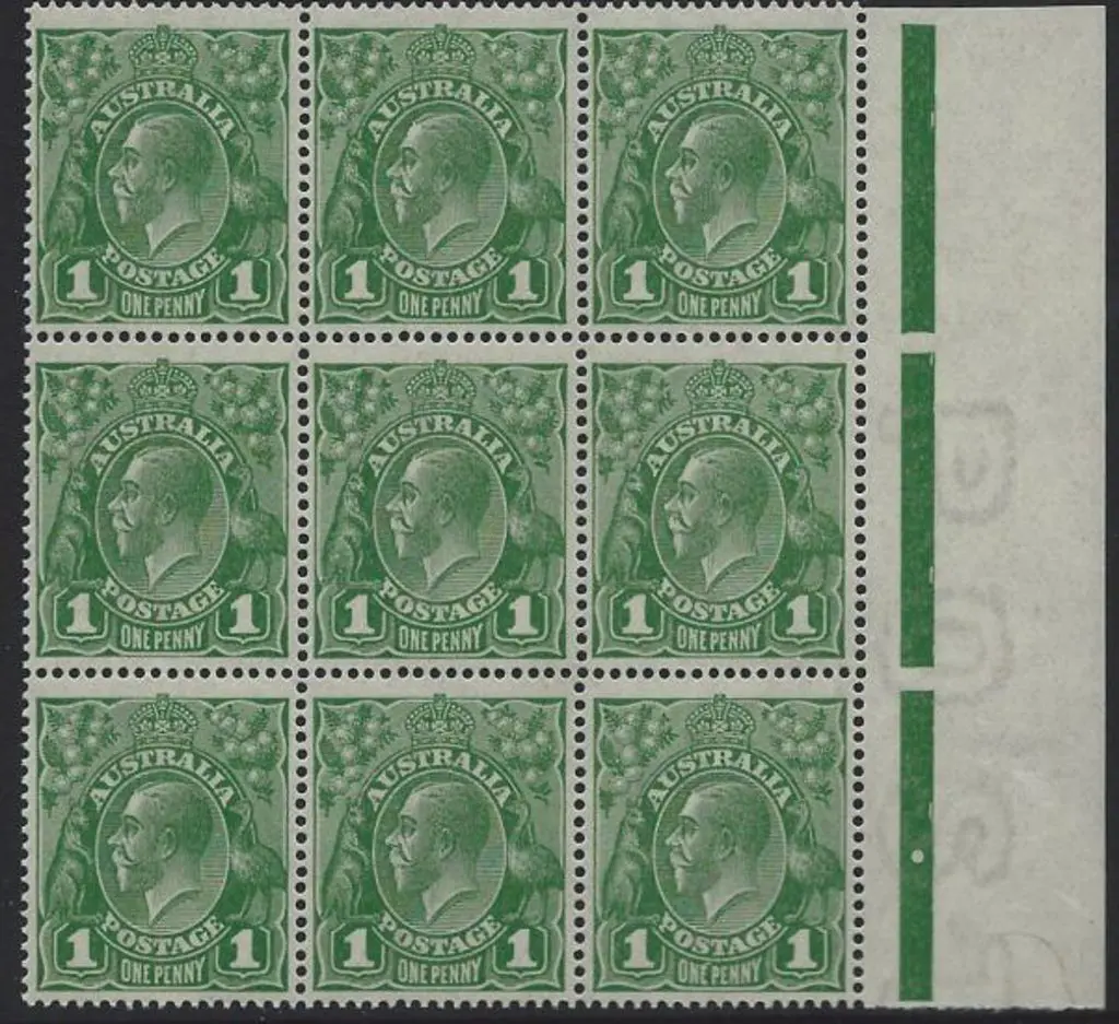 1914-20 Single wmk 1d green right marginal block ... Image 1++