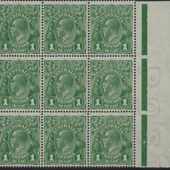 1914-20 Single wmk 1d green right marginal block ...