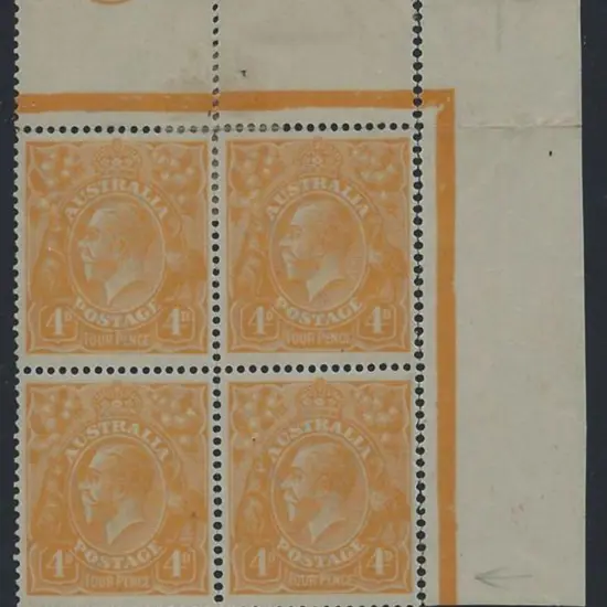 1914-20 Single wmk 4d yellow-orange top right ...