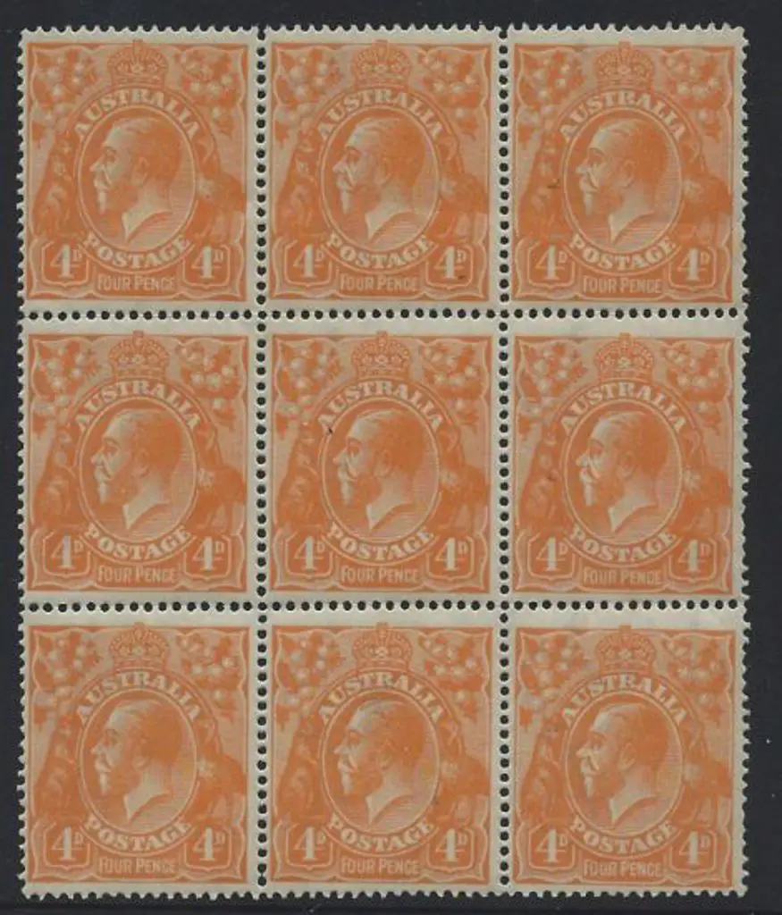 1914-20 Single wmk 4d orange block of 9. Well ... Image 1++