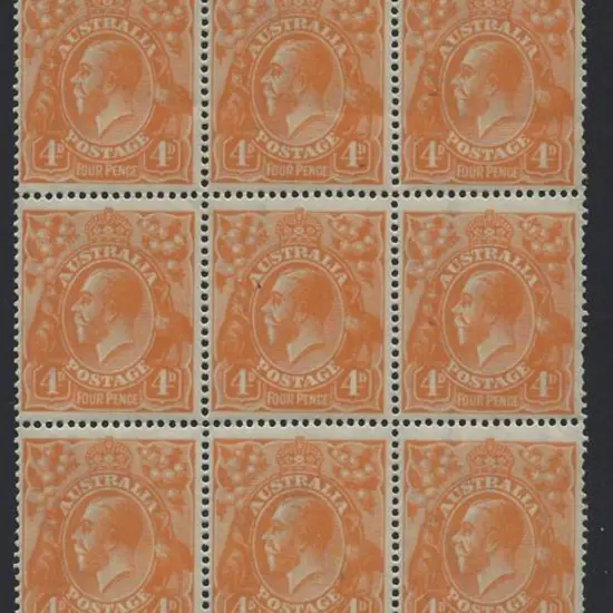 1914-20 Single wmk 4d orange block of 9. Well ...