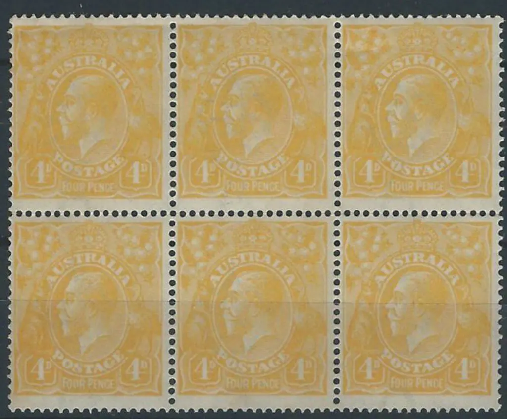 1914-20 Single wmk 4d pale orange-yellow block of ... Image 1++