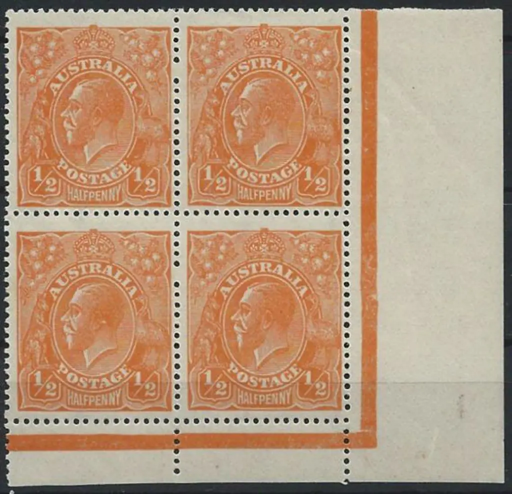 1918-23 Single wmk ½d orange corner block of 4 ... Image 1++
