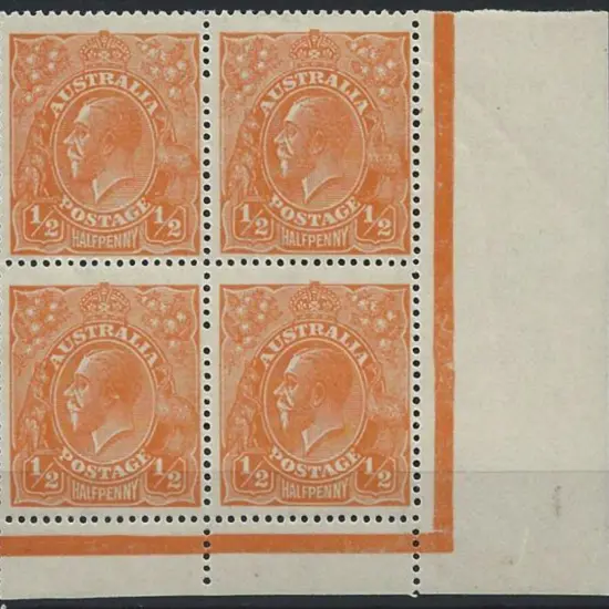 1918-23 Single wmk ½d orange corner block of 4 ...